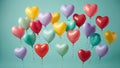 Multicolor heart shaped balloons floating against colored background