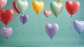 Multicolor heart shaped balloons floating against colored background