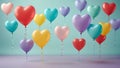 Multicolor heart shaped balloons floating against colored background