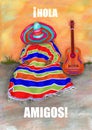 Multicolor illustration of imaginary abstract figure of sleeping Mexican mariachi musician in poncho and sombrero