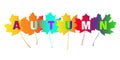 Multicolor inscription autumn on autumns leaves maple. Decorative gradient silhouettes foliage, joyful cutouts of letters in a row