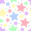 Multicolor kawaii stars, cute seamless pattern for babies, kids print. Vector illustration on white background