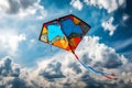 Multicolor kite in the blue sky with clouds