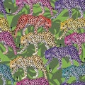 Multicolor leopard pattern seamless green leaves background
