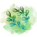 Multicolor line art Leave on watercolor green blots. Linear hand drawing tropic Leaf on white background