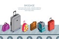 Luggage, suitcase, bags on conveyor belt. Vector 3d isometric illustration. Concept for checked baggage claim.