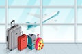 Multicolor luggage, suitcase, bags near the airport terminal window. Vector 3d isometric illustration.