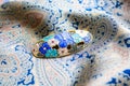 Multicolor Metal Pin Brooch Gold Tone Flowers Cloisonne Enamel Vintage Macro Photography on the Colored Fabric Silk Satin