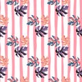 Multicolor monstera leafs silhouettes seamless pattern. White and pink strippes backgroind. Bright artwork