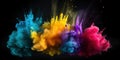 multicolor neon powder holi paints blew up, colorful splashes and drops