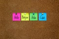 Multicolor notes with important message, motivation and reminders on cork board `Hello` in different languages: English, French, S