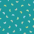 Multicolor pastel butterflies in multidirectional design. Seamless hand drawn vector pattern on vibrant teal background