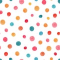 Multicolor polka dot abstract seamless pattern isolated on white background with pink, yellow, blue, orange dots watercolor vector Royalty Free Stock Photo