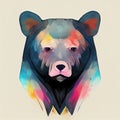 Multicolor portrait of a bear. Painting imitation. Full face view. AI-generated