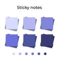 Multicolor post it notes in trendy 2022 very peri color. Trendy lavender violet notes. Colored sticky note set. Vector realistic