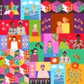 Multicolor quilt with cute cartoon people of different ages and races, flowers, birds and patchwork pattern.