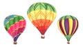 Multicolor rainbow striped Hot air balloons. Small passenger baskets. Set of three decorative elements. Hand painted watercolor il Royalty Free Stock Photo