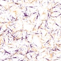 Multicolor random brush strokes on the white background. Thin paint splashes, different size.Orange, beige and purple colors.