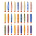Multicolor realistic pencils with geometric patterns, isolated on white background. Vector 3d illustration