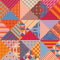Multicolor seamless patchwork pattern from patches with geometric ornaments. Print for fabric, quilt, paper, wallpaper, wrapping
