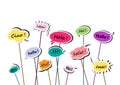 Multicolor speech bubbles with greetings in various European languages isolated on the white background, vector illustr