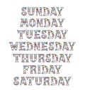 Multicolor striped names of days of the week handwritten in english language isolated on the white background. Vector