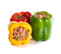 Multicolor stuffed bell pepper filled with ground meat, rice, on