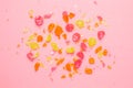 Multicolor sweet lollipops bitten pieces set on pink background Royalty Free Stock Photo