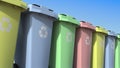 Multicolor trashcans for different kinds of recycled waste materials. 3D rendering