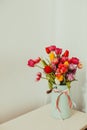 Multicolor tulips in metal vase on white background Royalty Free Stock Photo