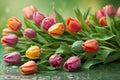 multicolor tulips over blurred green background. fresh spring flowers with water drop Royalty Free Stock Photo