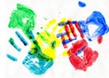 Multicolor watercolor painted hands, joy and unity concept