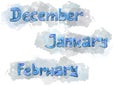 Multicolor Watercolor set lettering winter month on blot. December, January and February enscription. Blue and gray