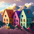 Multicolore houses Village in the Mountain cartoon style