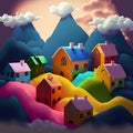 Multicolore houses Village in the Mountain cartoon style