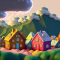 Multicolore houses Village in the Mountain cartoon style