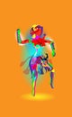 Multicolored abstraction with a dancing girl, colorful woman dancing. Vector orange background