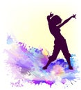 Silhouette of a dancing girl abstract. hand drawing. Abstract purple background from paint blots. Not AI, Illustrat3 Royalty Free Stock Photo