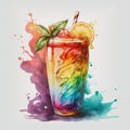 Multicolored acrylic stylized cocktail with a slice of lemon and mint on a background of watercolor stains.