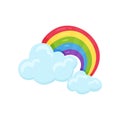 Multicolored arched rainbow with blue fluffy clouds. Cartoon weather symbol. Flat vector for print, mobile app or Royalty Free Stock Photo