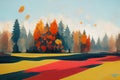 Multicolored autumn forest landscape with flying leaves in the wind. Artistic effect of painting with paints. Digital Royalty Free Stock Photo