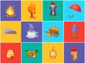 Multicolored autumn harvest icons. Umbrella, scarecrow, wooden box with vegetables, hat, scarf, book, kerosene lamp, scarecrow, Royalty Free Stock Photo