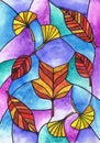 Multicolored autumn leaves. Sketch a stained glass window. Children`s drawing
