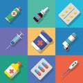 Multicolored background Medicine and drugs icons set with shadows. Flat style vector illustration