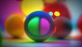 a multicolored ball sitting in front of a group of other balls on a table with a blurry background of the ball in the background