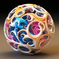 A multicolored ball with swirly designs on it. Generative AI image.