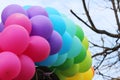Multicolored balloons adorn the entrance to the cafe. Royalty Free Stock Photo