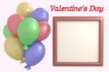 Multicolored balloons and frame for photo 3d render, Valentine`s Day