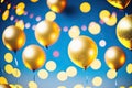 Multicolored balloons, helium balls, bokeh. Party time. Yellow sparkles. Generative AI