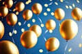 Multicolored balloons, helium balls, bokeh. Party time. Yellow sparkles. Generative AI